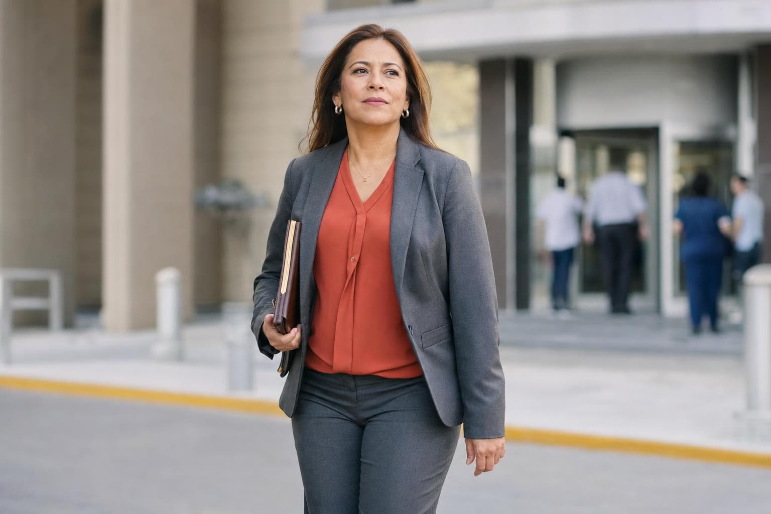 A woman stands outside a courthouse steps holding a folder of documents.